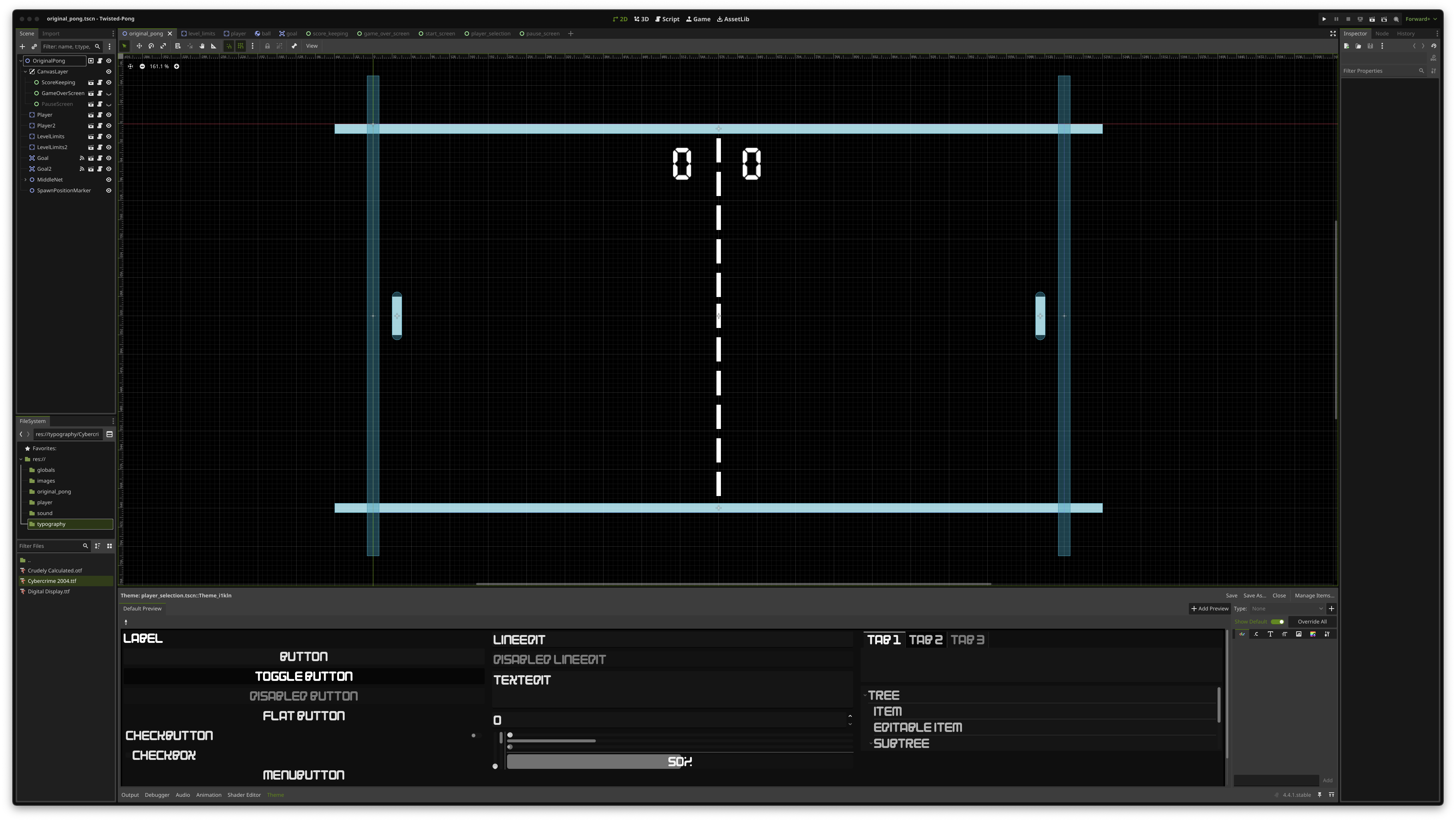 Screen capture of Godot showing the Pong clone project