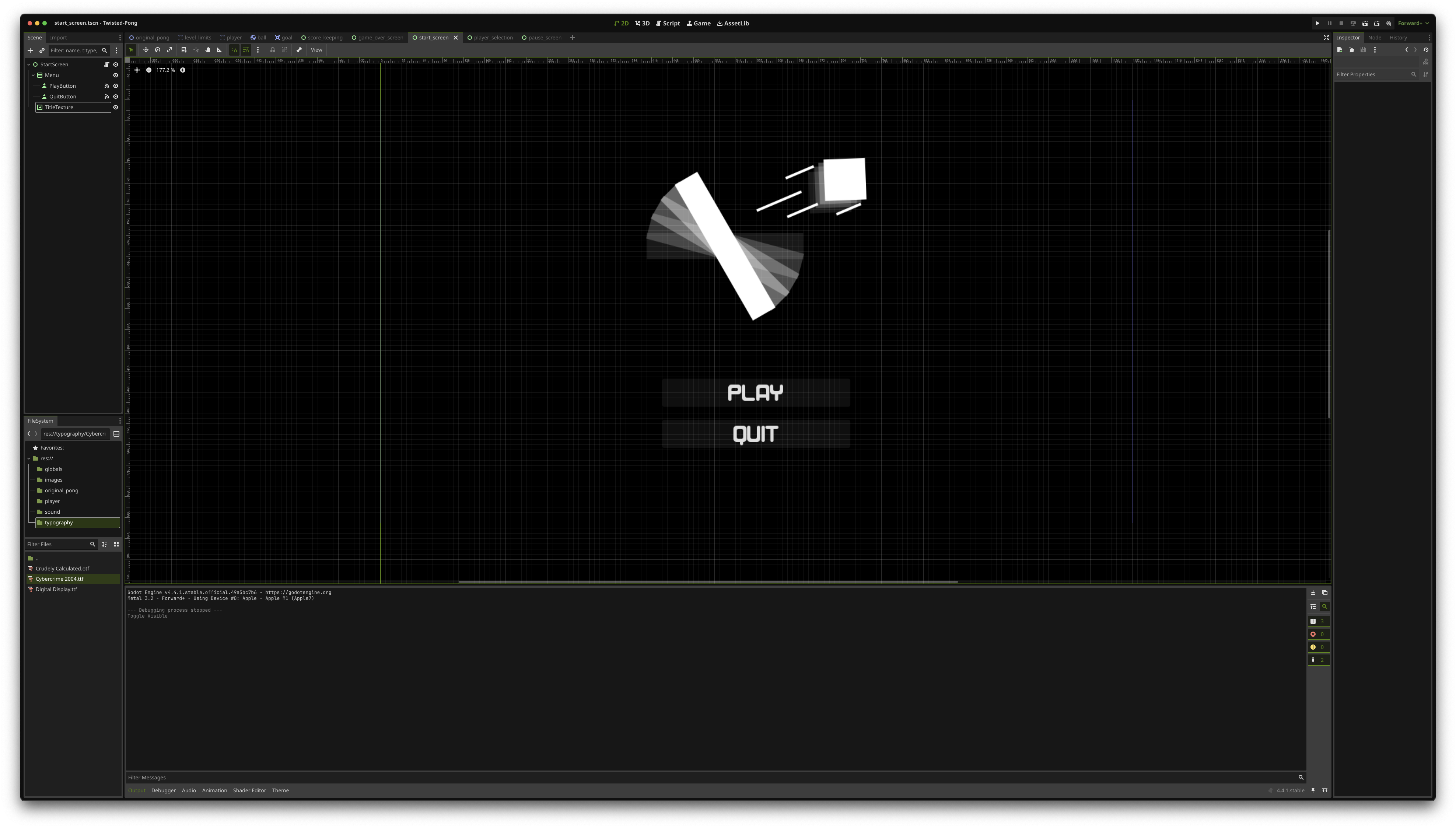 Screen capture of Godot showing the Pong clone project