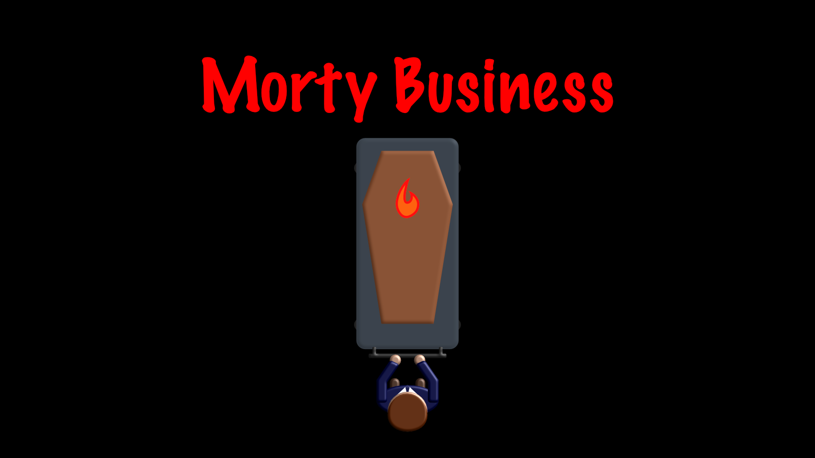 Image of the game’s cover depicting a coffin being pushed by a mortician and at the top the title of the game: Morty Business